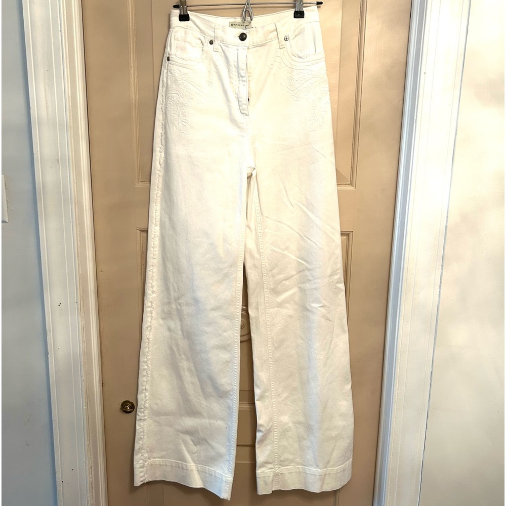 Rare ETRO Sz 27 x 34 white cotton embroidered wideleg Jean fringe edge hi waist - Picture 9 of 15